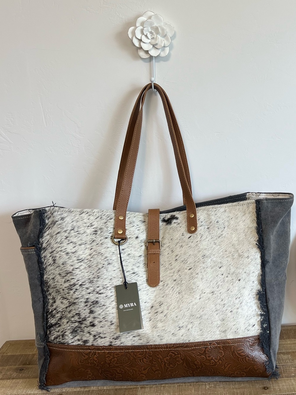 Myra Western Weekender Bag Cowhide Leather Duffel Travel Carry On Boho Cowgirl
